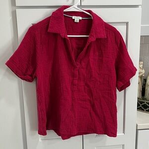 Sundance Women's Pink Cotton Short Sleeve V Neck Cropped Shirt Top